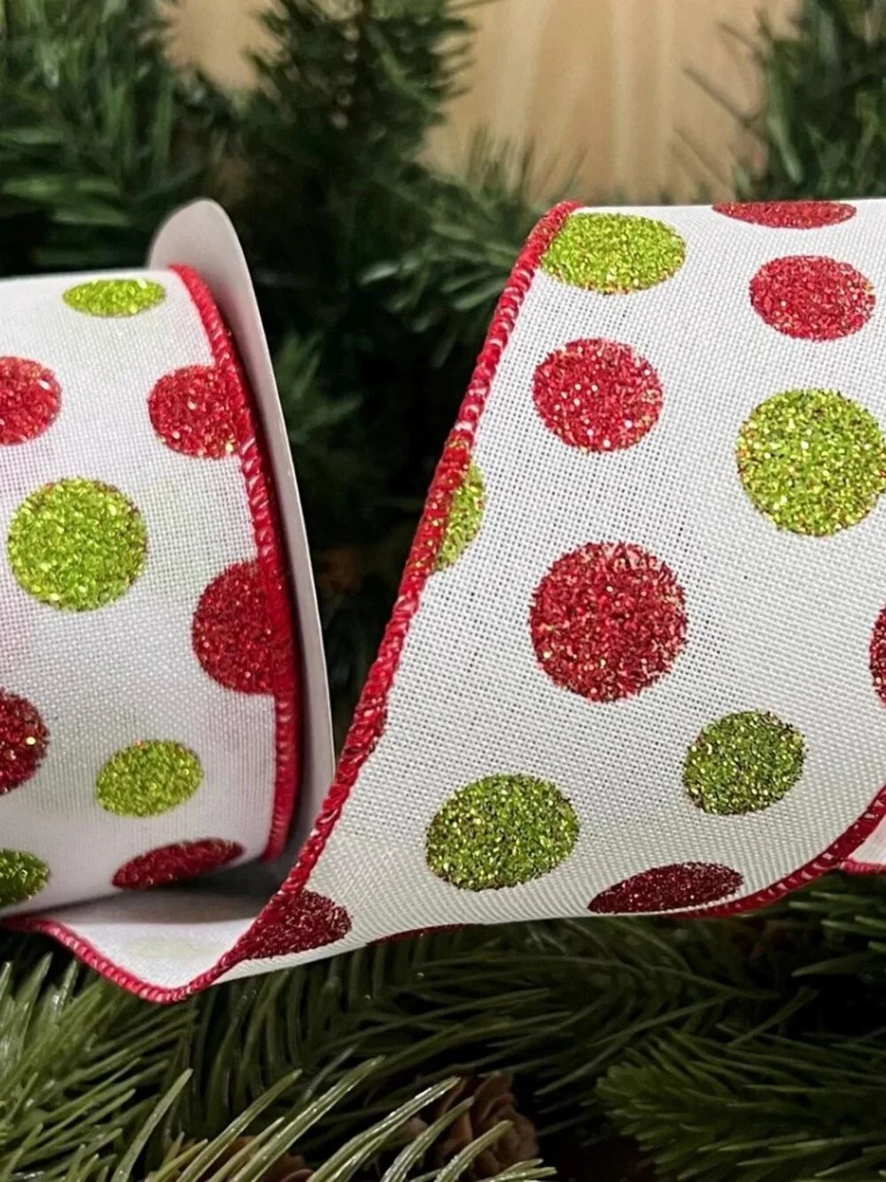 2.5 inch Green and Red Glittered Polka Dots Wired Christmas Ribbon Crafts